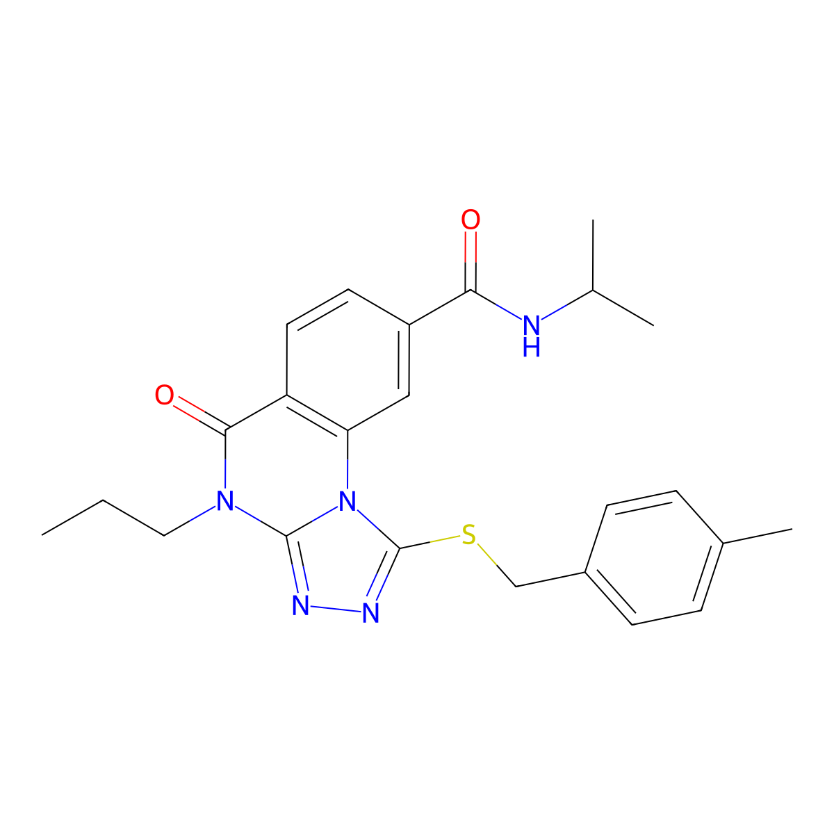 N-isopropyl-1-((4-methylbenzyl)thio)-5-oxo-4-propyl-4,5-dihydro-[1,2,4]triazolo[4,3-a]quinazoline-8-carboxamide molecular structure, CAS 1111237-03-6