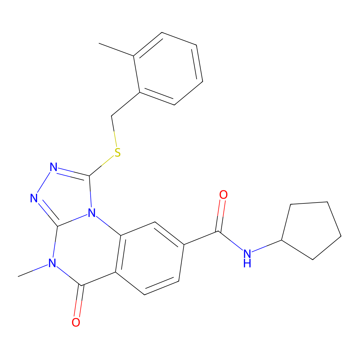 N-cyclopentyl-4-methyl-1-((2-methylbenzyl)thio)-5-oxo-4,5-dihydro-[1,2,4]triazolo[4,3-a]quinazoline-8-carboxamide molecular structure, CAS 1111237-97-8