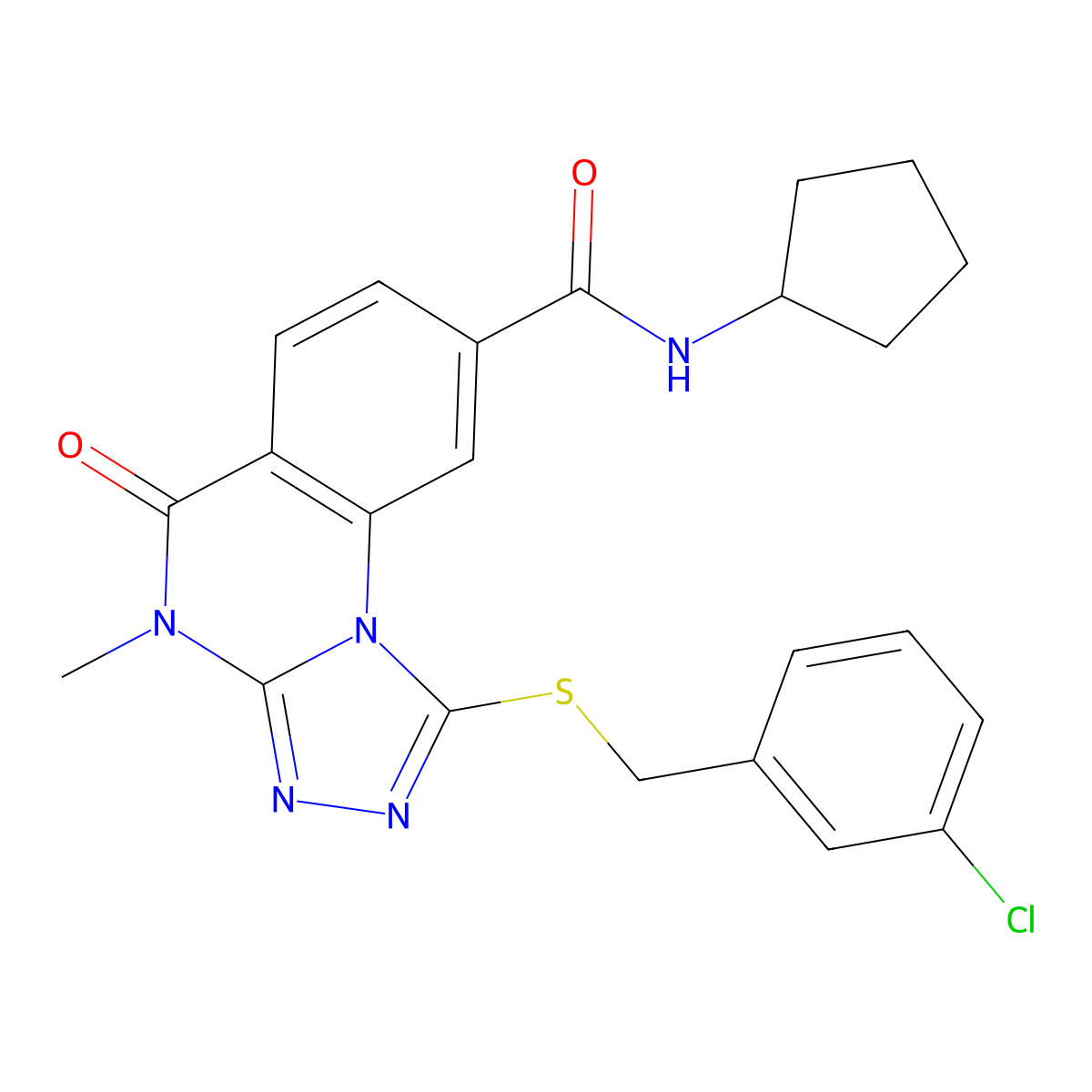 1-((3-chlorobenzyl)thio)-N-cyclopentyl-4-methyl-5-oxo-4,5-dihydro-[1,2,4]triazolo[4,3-a]quinazoline-8-carboxamide molecular structure, CAS 1111237-99-0
