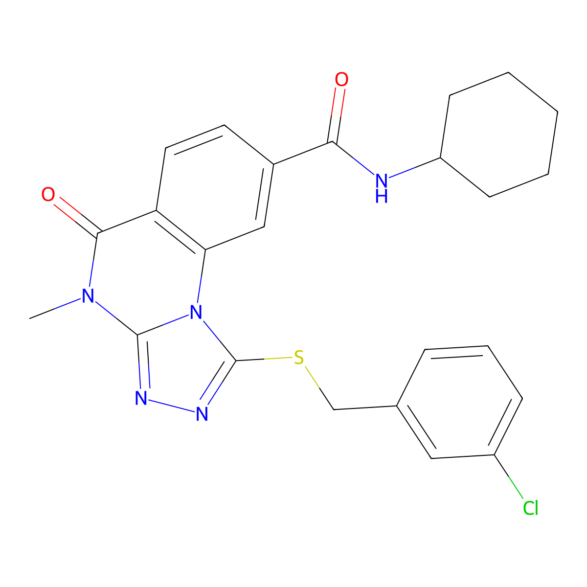 1-((3-chlorobenzyl)thio)-N-cyclohexyl-4-methyl-5-oxo-4,5-dihydro-[1,2,4]triazolo[4,3-a]quinazoline-8-carboxamide molecular structure, CAS 1111238-15-3