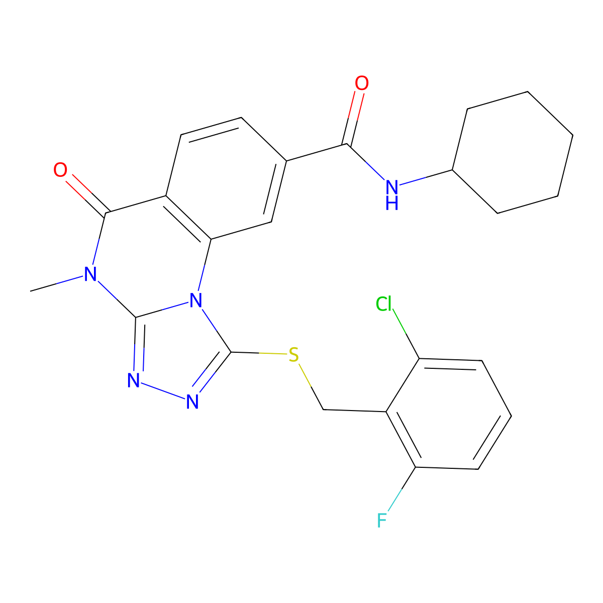 1-((2-chloro-6-fluorobenzyl)thio)-N-cyclohexyl-4-methyl-5-oxo-4,5-dihydro-[1,2,4]triazolo[4,3-a]quinazoline-8-carboxamide molecular structure, CAS 1111238-17-5