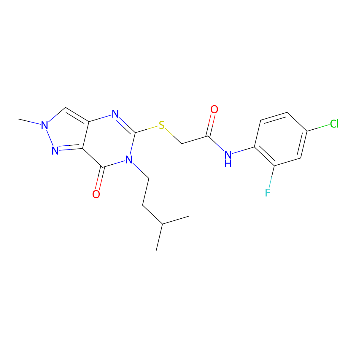 N-(4-chloro-2-fluorophenyl)-2-{[2-methyl-6-(3-methylbutyl)-7-oxo-2H,6H,7H-pyrazolo[4,3-d]pyrimidin-5-yl]sulfanyl}acetamide molecular structure, CAS 1111245-07-8
