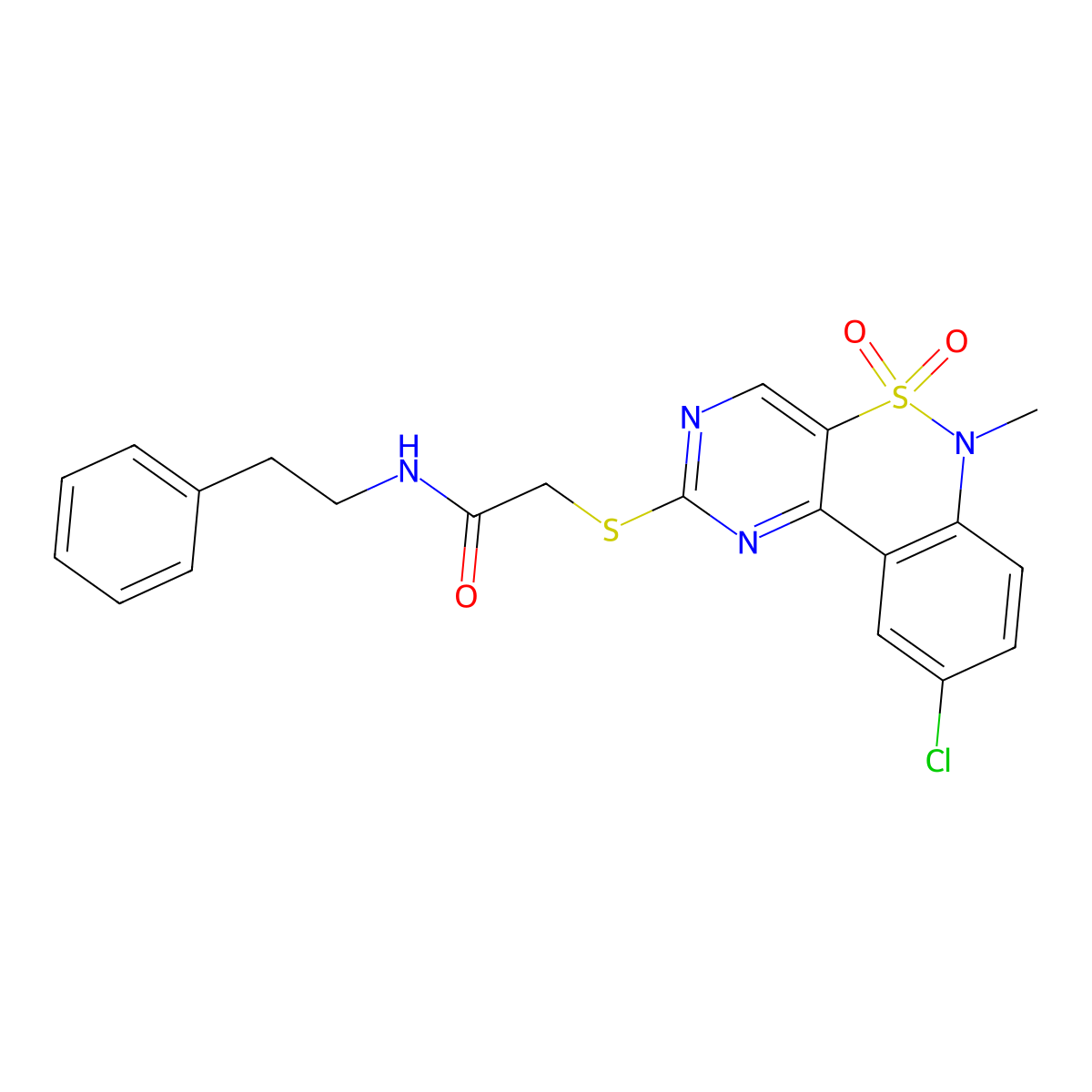 2-((9-chloro-6-methyl-5,5-dioxido-6H-benzo[c]pyrimido[4,5-e][1,2]thiazin-2-yl)thio)-N-phenethylacetamide molecular structure, CAS 1111245-16-9