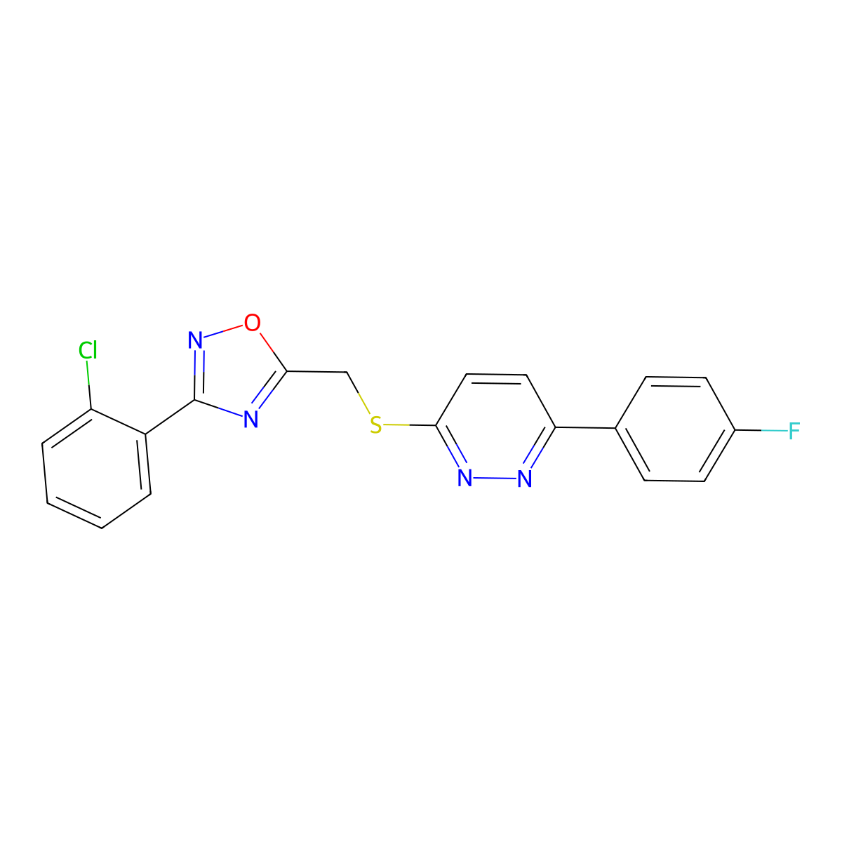 3-(2-Chlorophenyl)-5-(((6-(4-fluorophenyl)pyridazin-3-yl)thio)methyl)-1,2,4-oxadiazole molecular structure, CAS 1111260-49-1