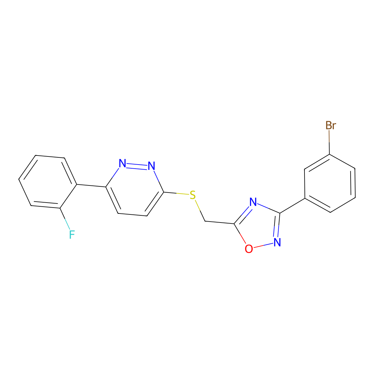 3-(3-Bromophenyl)-5-(((6-(2-fluorophenyl)pyridazin-3-yl)thio)methyl)-1,2,4-oxadiazole molecular structure, CAS 1111260-60-6