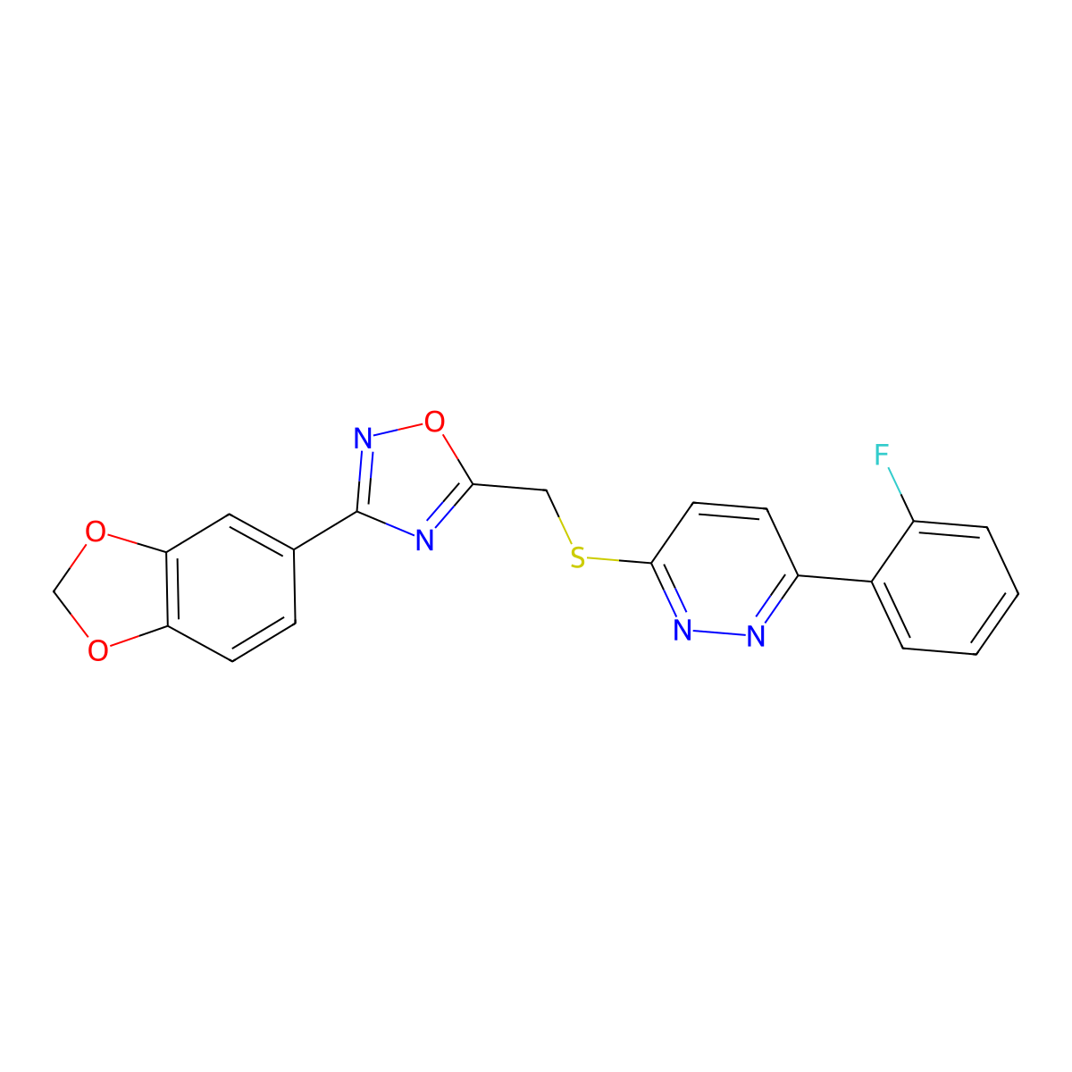 3-(Benzo[d][1,3]dioxol-5-yl)-5-(((6-(2-fluorophenyl)pyridazin-3-yl)thio)methyl)-1,2,4-oxadiazole molecular structure, CAS 1111260-63-9