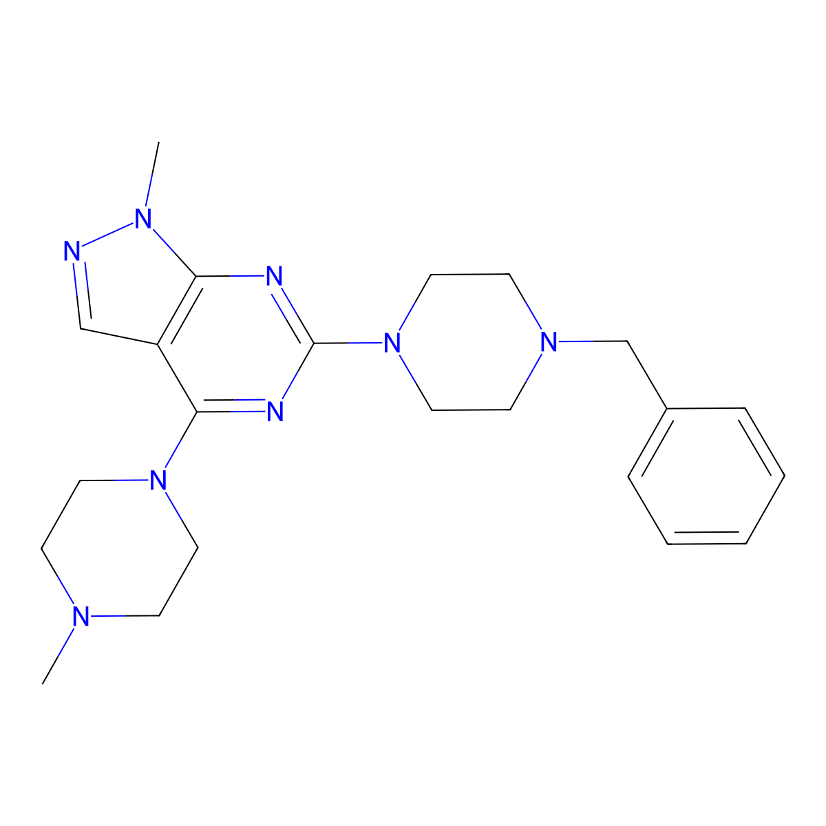 1-Benzyl-4-[1-methyl-4-(4-methylpiperazin-1-YL)-1H-pyrazolo[3,4-D]pyrimidin-6-YL]piperazine molecular structure, CAS 1111261-84-7