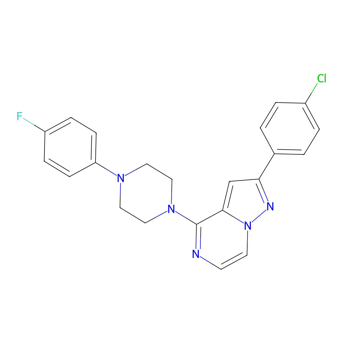 2-(4-Chlorophenyl)-4-(4-(4-fluorophenyl)piperazin-1-yl)pyrazolo[1,5-a]pyrazine molecular structure, CAS 1111262-34-0
