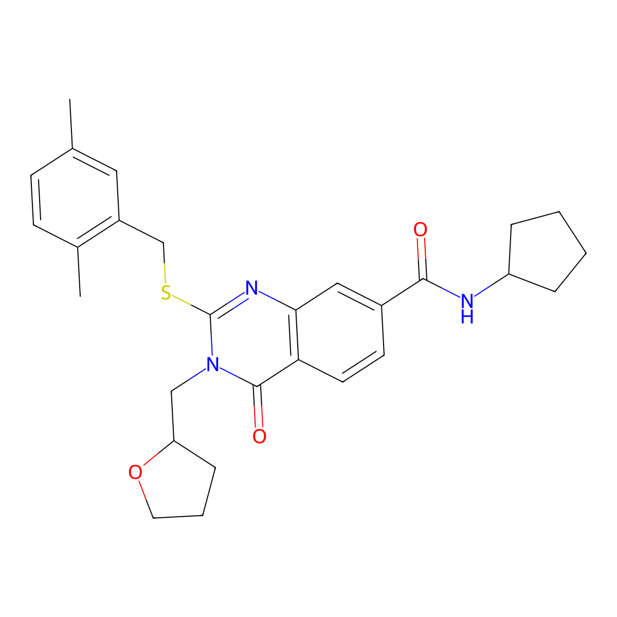 N-cyclopentyl-2-((2,5-dimethylbenzyl)thio)-4-oxo-3-((tetrahydrofuran-2-yl)methyl)-3,4-dihydroquinazoline-7-carboxamide molecular structure, CAS 1111263-53-6