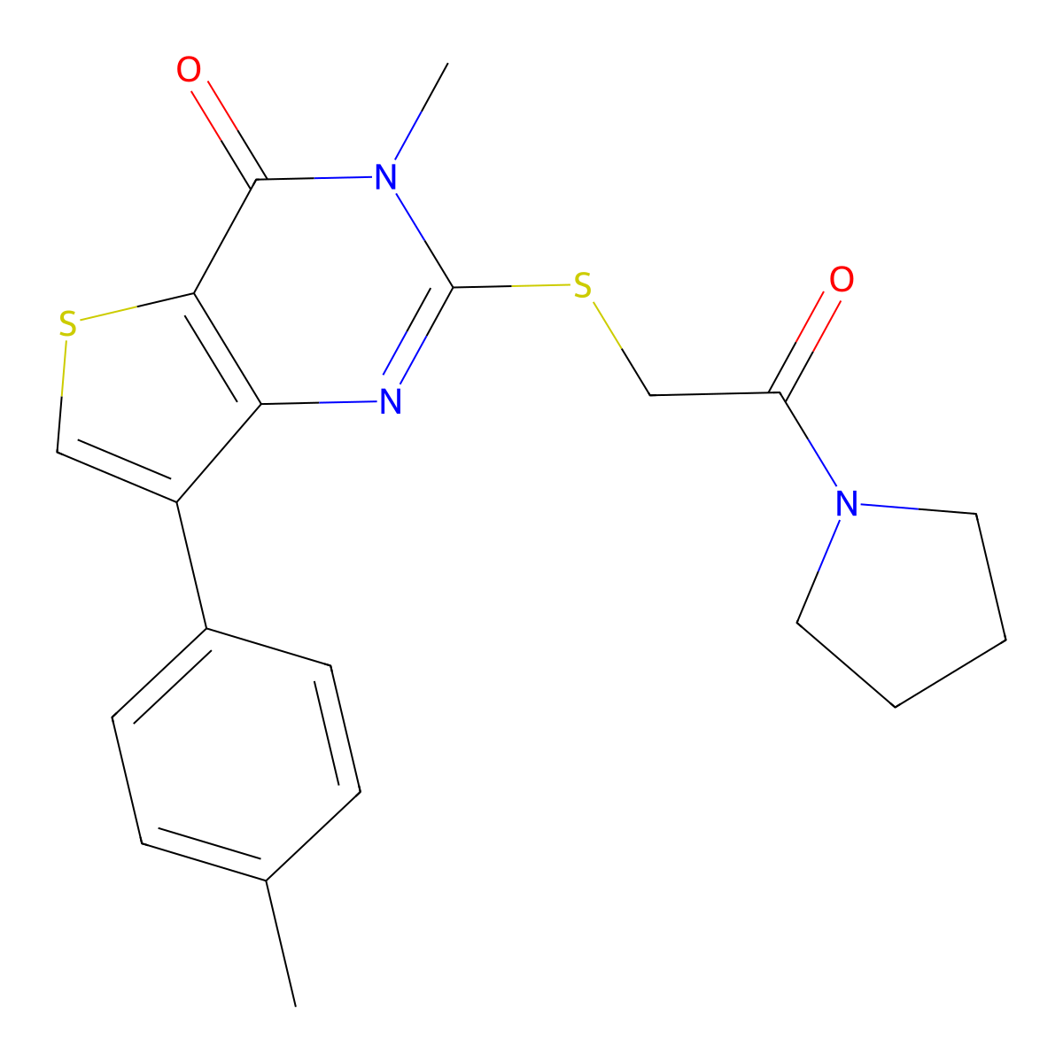 3-methyl-2-((2-oxo-2-(pyrrolidin-1-yl)ethyl)thio)-7-(p-tolyl)thieno[3,2-d]pyrimidin-4(3H)-one molecular structure, CAS 1111265-53-2