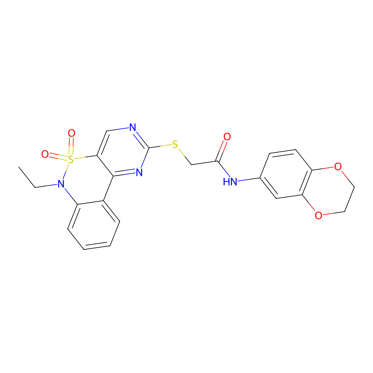 N-(2,3-dihydrobenzo[b][1,4]dioxin-6-yl)-2-((6-ethyl-5,5-dioxido-6H-benzo[c]pyrimido[4,5-e][1,2]thiazin-2-yl)thio)acetamide molecular structure, CAS 1111281-25-4
