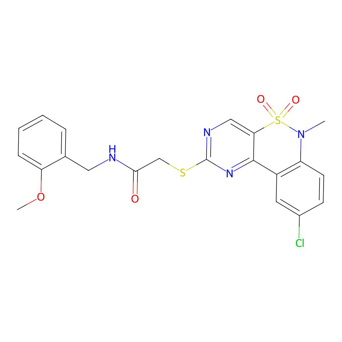 2-((9-chloro-6-methyl-5,5-dioxido-6H-benzo[c]pyrimido[4,5-e][1,2]thiazin-2-yl)thio)-N-(2-methoxybenzyl)acetamide molecular structure, CAS 1111281-27-6