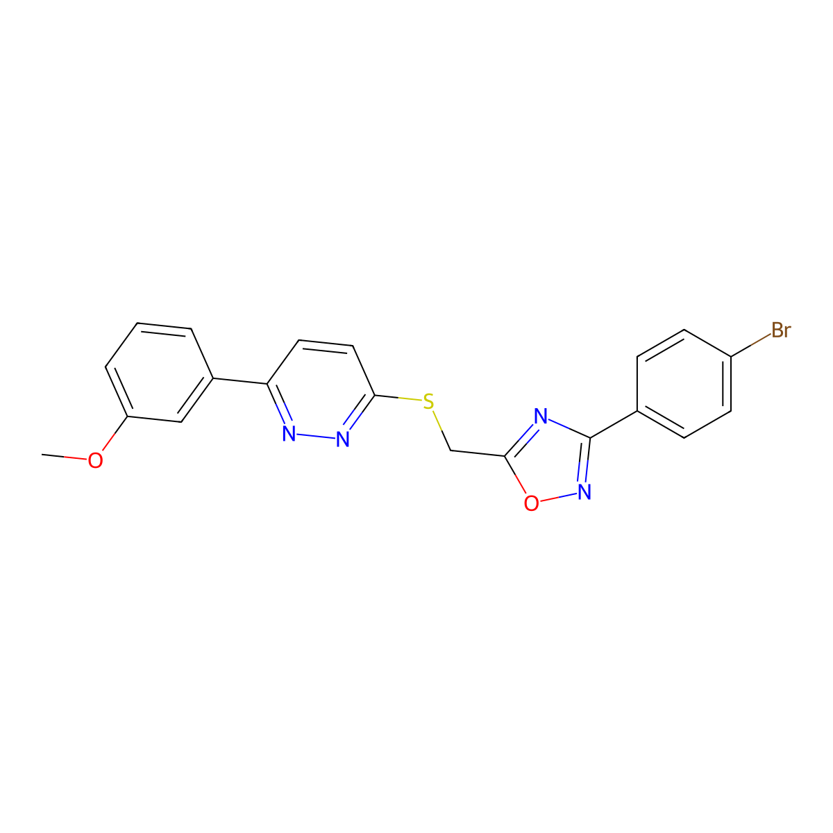 3-(4-Bromophenyl)-5-(((6-(3-methoxyphenyl)pyridazin-3-yl)thio)methyl)-1,2,4-oxadiazole molecular structure, CAS 1111290-64-2