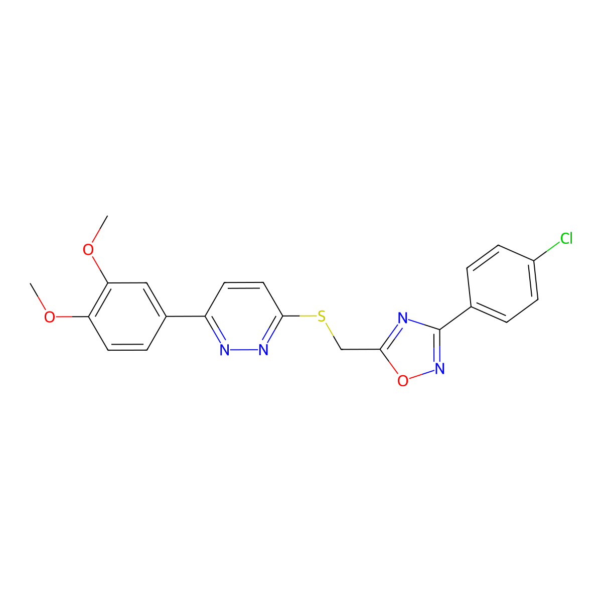 3-(4-Chlorophenyl)-5-(((6-(3,4-dimethoxyphenyl)pyridazin-3-yl)thio)methyl)-1,2,4-oxadiazole molecular structure, CAS 1111290-74-4