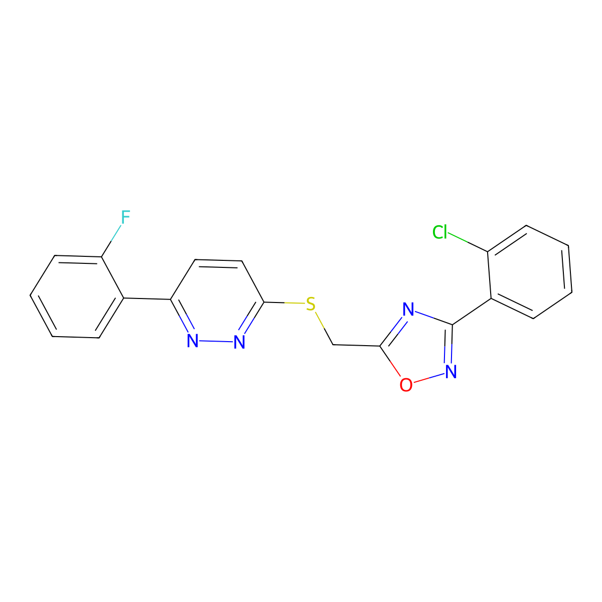 3-(2-Chlorophenyl)-5-(((6-(2-fluorophenyl)pyridazin-3-yl)thio)methyl)-1,2,4-oxadiazole molecular structure, CAS 1111290-79-9