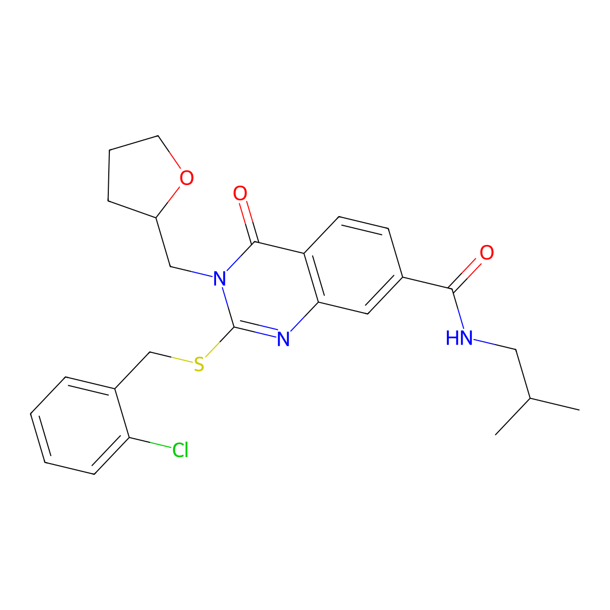 2-((2-chlorobenzyl)thio)-N-isobutyl-4-oxo-3-((tetrahydrofuran-2-yl)methyl)-3,4-dihydroquinazoline-7-carboxamide molecular structure, CAS 1111293-37-8