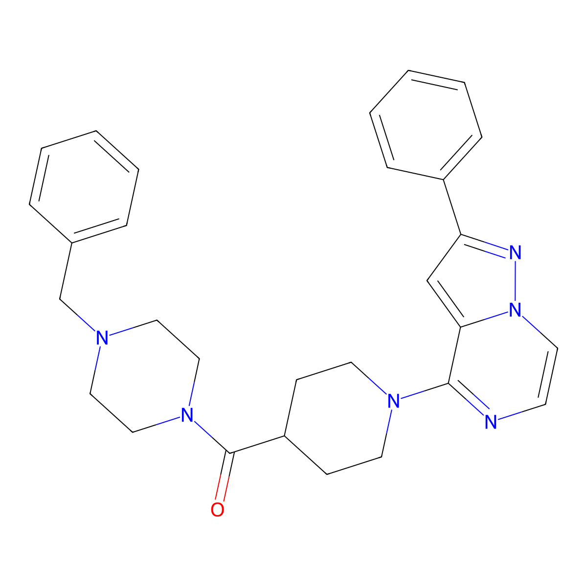 1-Benzyl-4-(1-{2-phenylpyrazolo[1,5-a]pyrazin-4-yl}piperidine-4-carbonyl)piperazine molecular structure, CAS 1111295-84-1