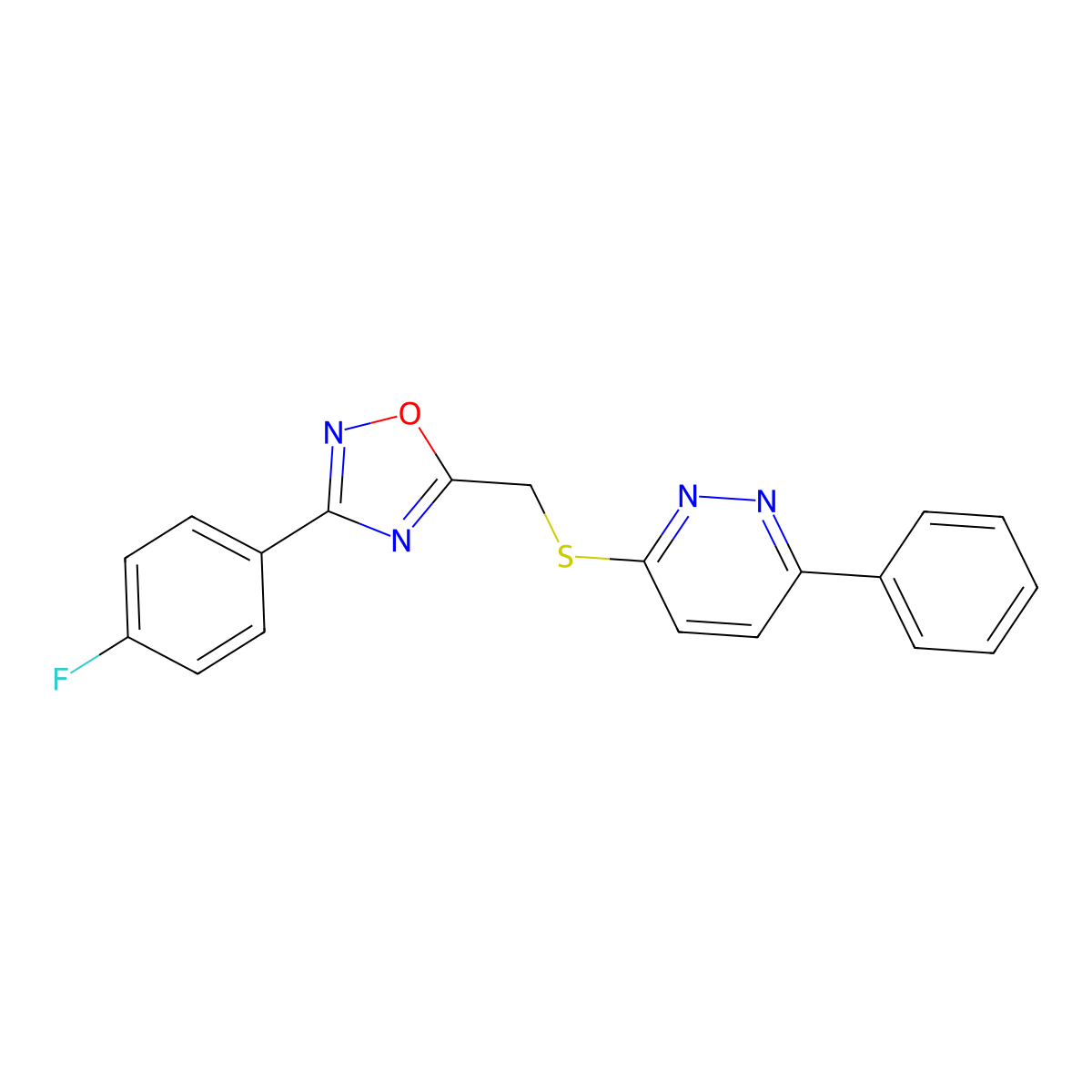 3-(4-Fluorophenyl)-5-(((6-phenylpyridazin-3-yl)thio)methyl)-1,2,4-oxadiazole molecular structure, CAS 1111316-39-2