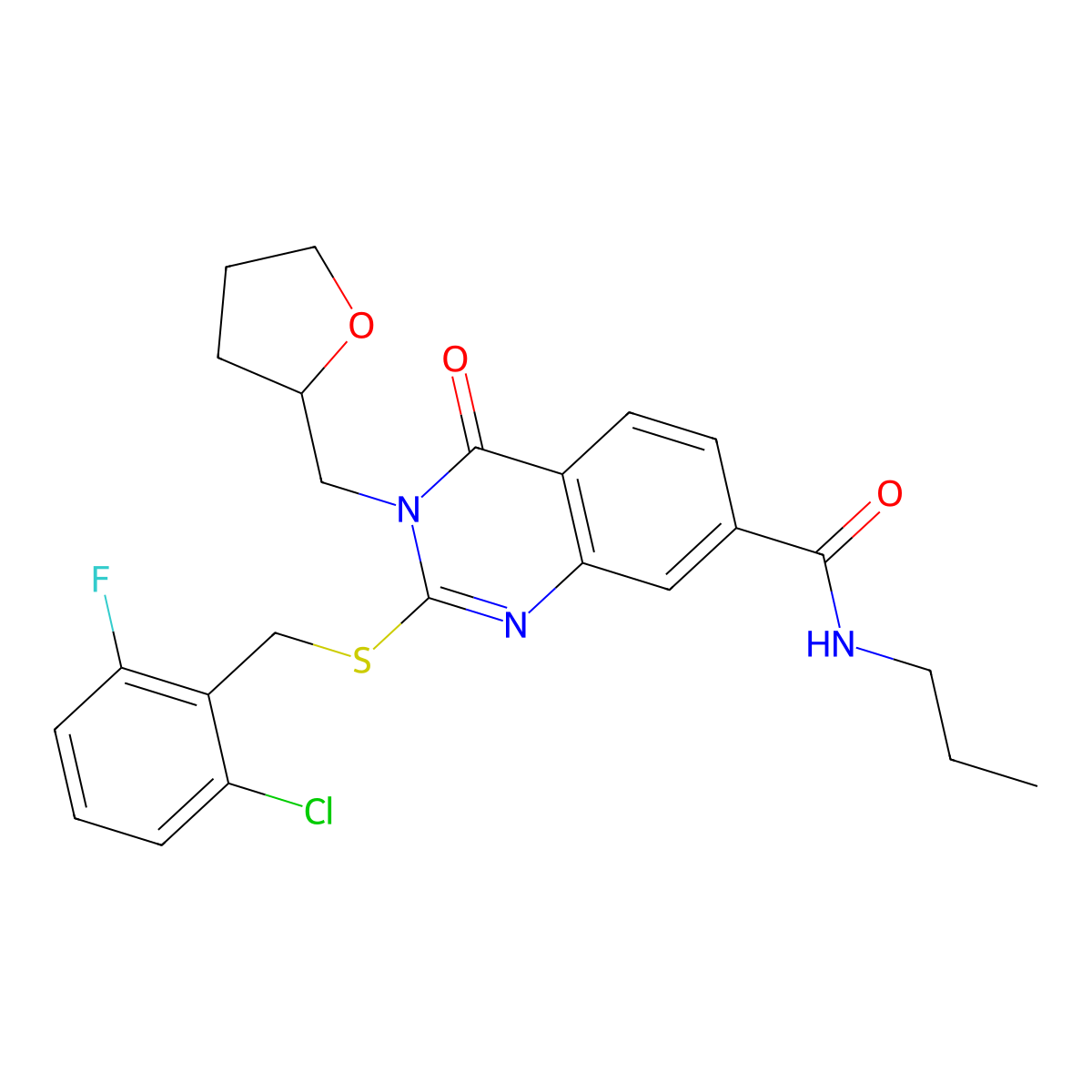 2-((2-chloro-6-fluorobenzyl)thio)-4-oxo-N-propyl-3-((tetrahydrofuran-2-yl)methyl)-3,4-dihydroquinazoline-7-carboxamide molecular structure, CAS 1111318-98-9