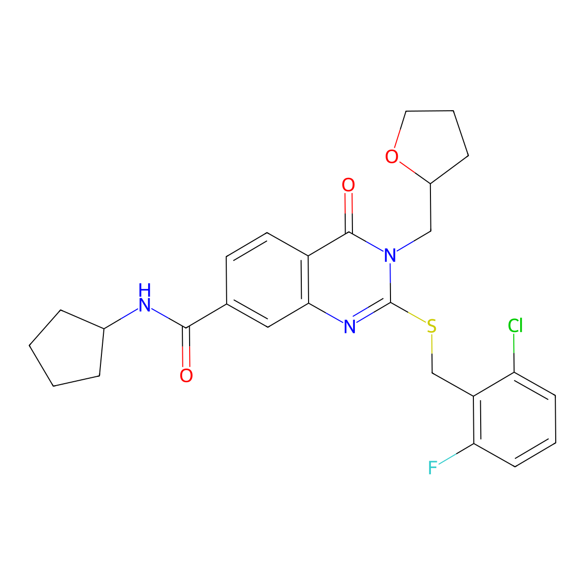 2-((2-chloro-6-fluorobenzyl)thio)-N-cyclopentyl-4-oxo-3-((tetrahydrofuran-2-yl)methyl)-3,4-dihydroquinazoline-7-carboxamide molecular structure, CAS 1111319-07-3