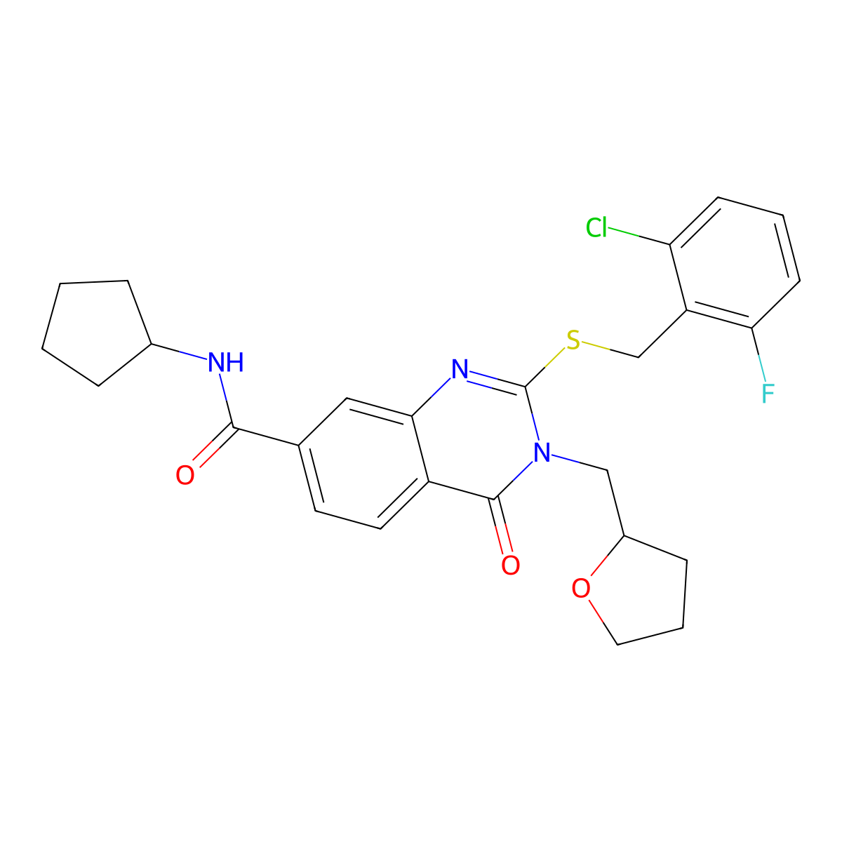 2-((2-chloro-6-fluorobenzyl)thio)-N-cyclopentyl-4-oxo-3-((tetrahydrofuran-2-yl)methyl)-3,4-dihydroquinazoline-7-carboxamide molecular structure, CAS 1111319-07-3