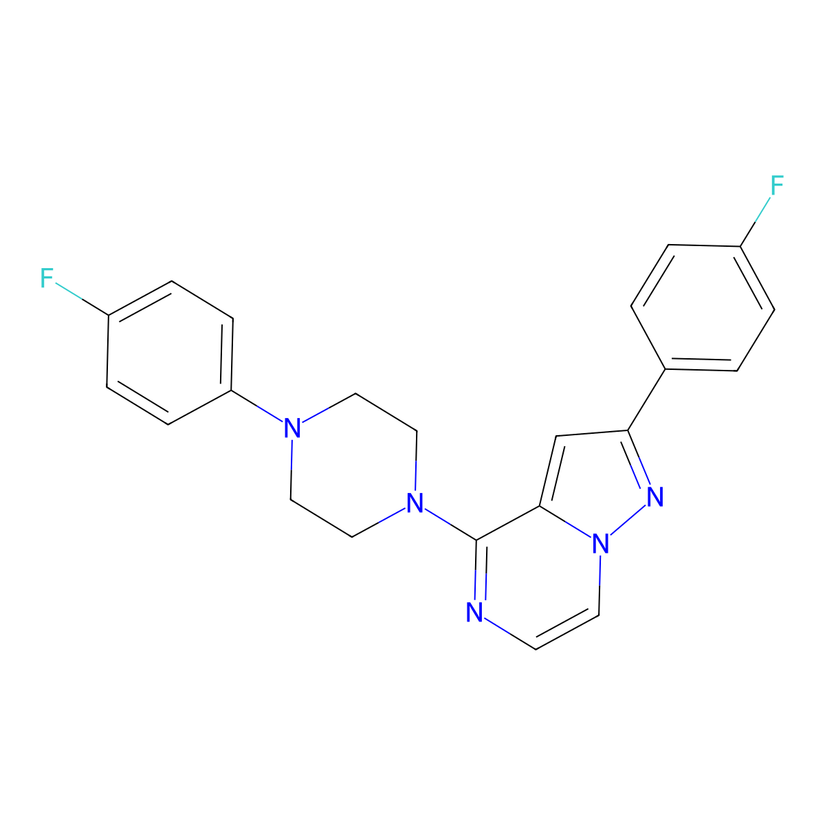 2-(4-Fluorophenyl)-4-(4-(4-fluorophenyl)piperazin-1-yl)pyrazolo[1,5-a]pyrazine molecular structure, CAS 1111319-79-9