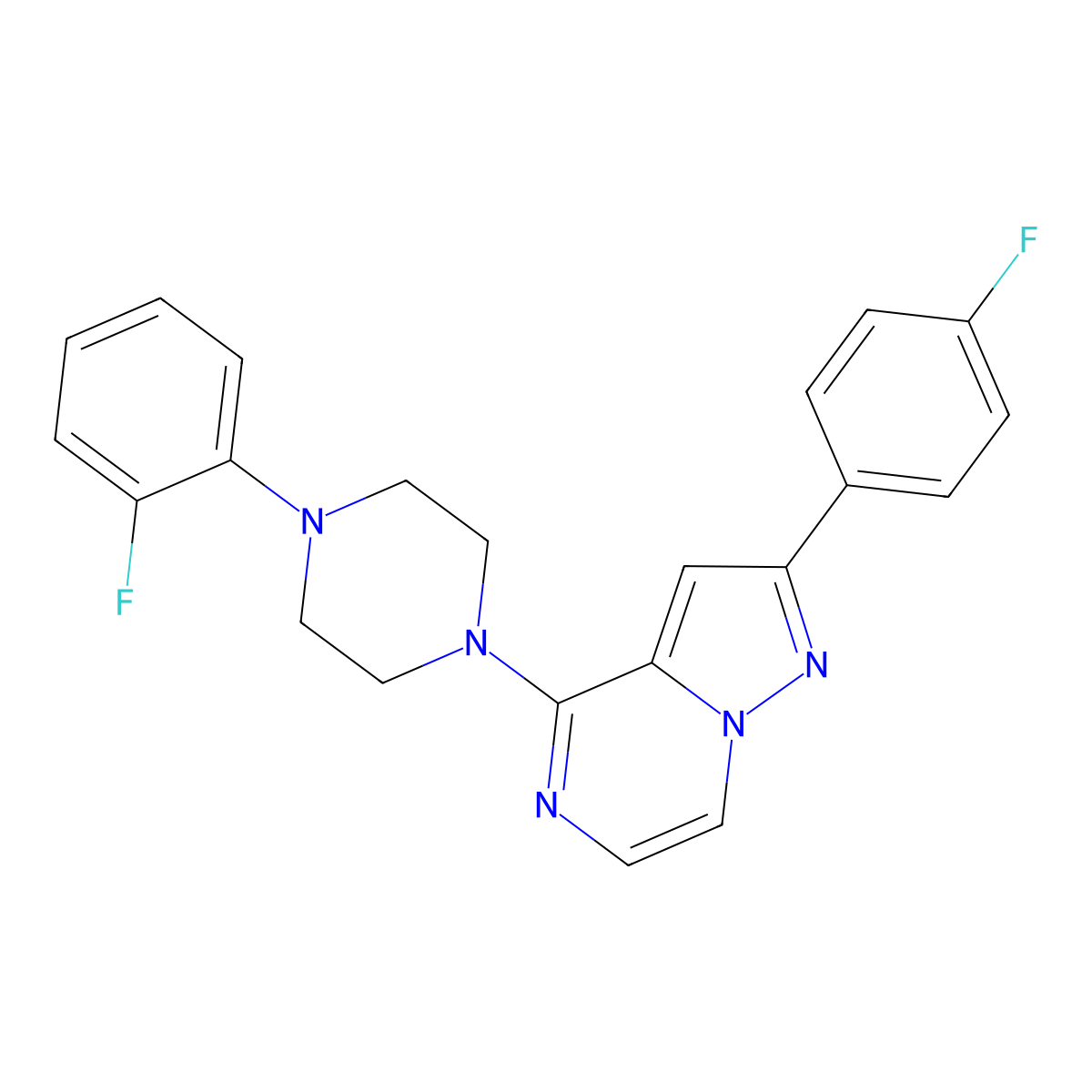 2-(4-Fluorophenyl)-4-(4-(2-fluorophenyl)piperazin-1-yl)pyrazolo[1,5-a]pyrazine molecular structure, CAS 1111319-86-8