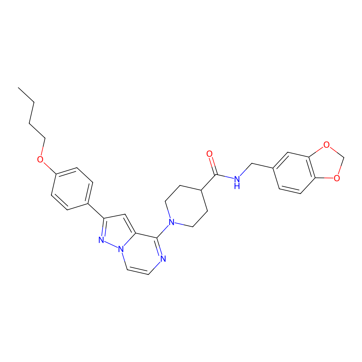 N-(1,3-benzodioxol-5-ylmethyl)-1-[2-(4-butoxyphenyl)pyrazolo[1,5-a]pyrazin-4-yl]piperidine-4-carboxamide molecular structure, CAS 1111320-31-0
