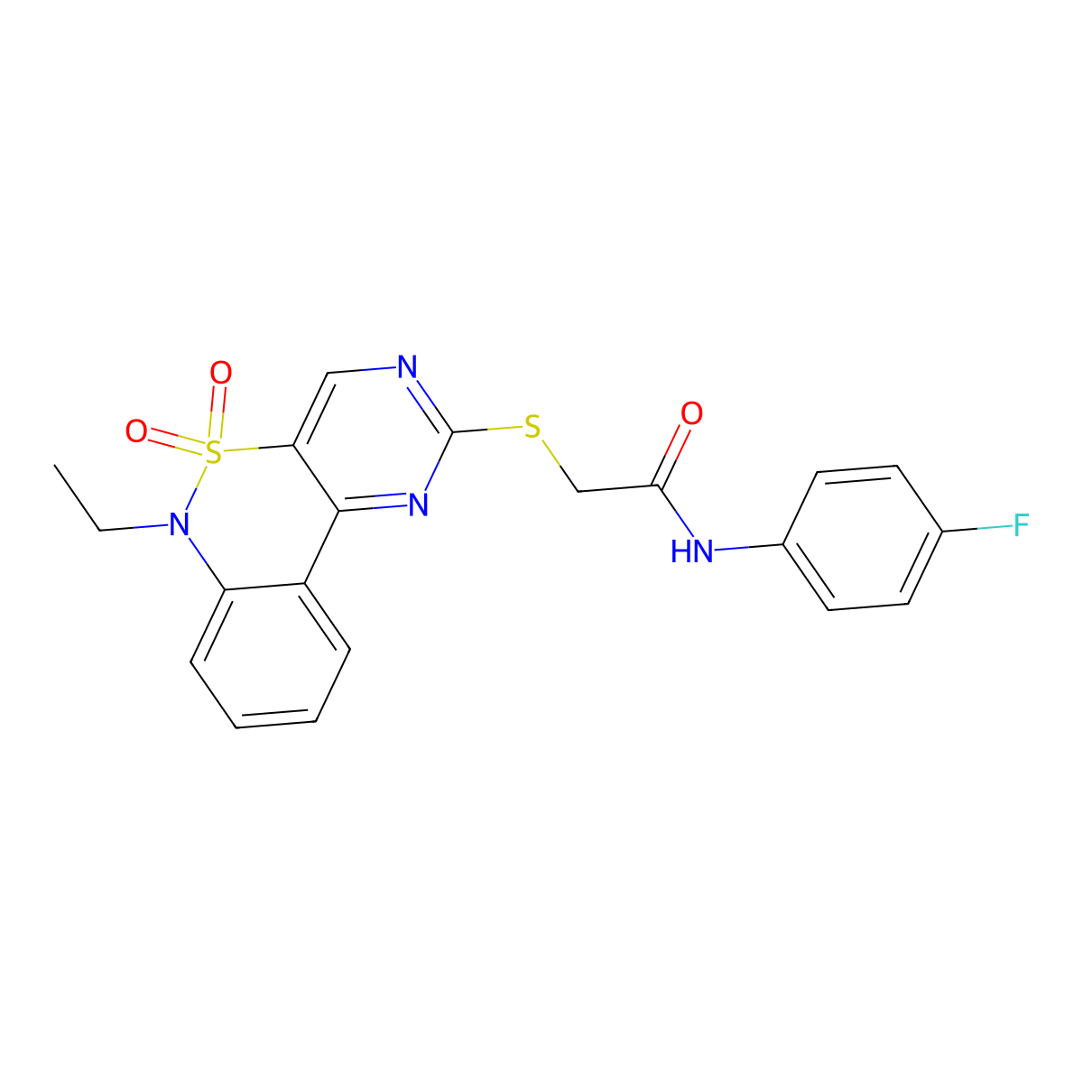 2-({9-ethyl-8,8-dioxo-8lambda6-thia-3,5,9-triazatricyclo[8.4.0.0^{2,7}]tetradeca-1(14),2(7),3,5,10,12-hexaen-4-yl}sulfanyl)-N-(4-fluorophenyl)acetamide molecular structure, CAS 1111408-76-4