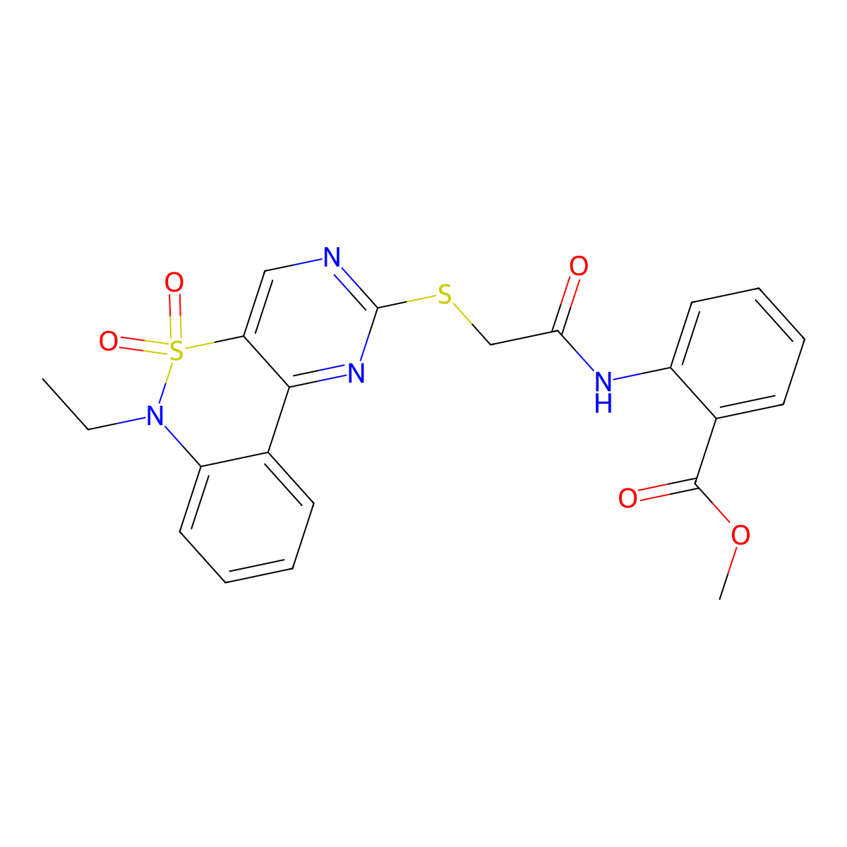 Methyl 2-[2-({9-ethyl-8,8-dioxo-8lambda6-thia-3,5,9-triazatricyclo[8.4.0.0^{2,7}]tetradeca-1(14),2(7),3,5,10,12-hexaen-4-yl}sulfanyl)acetamido]benzoate molecular structure, CAS 1111408-84-4
