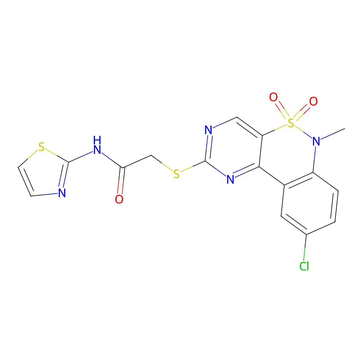 2-((9-chloro-6-methyl-5,5-dioxido-6H-benzo[c]pyrimido[4,5-e][1,2]thiazin-2-yl)thio)-N-(thiazol-2-yl)acetamide molecular structure, CAS 1111409-00-7