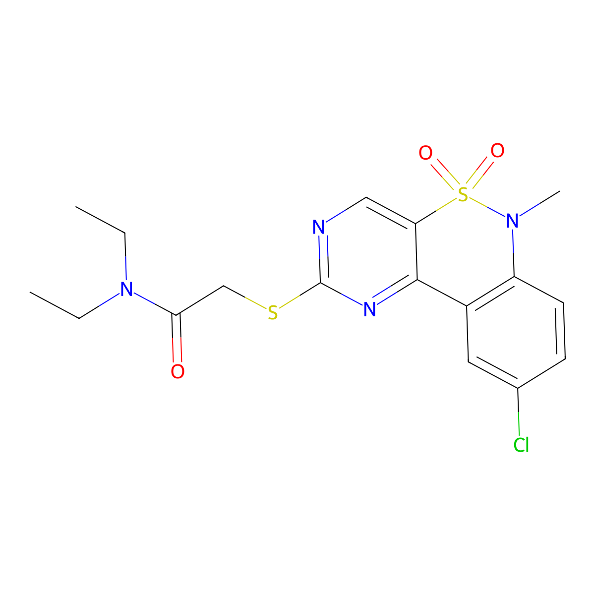 2-((9-chloro-6-methyl-5,5-dioxido-6H-benzo[c]pyrimido[4,5-e][1,2]thiazin-2-yl)thio)-N,N-diethylacetamide molecular structure, CAS 1111409-08-5