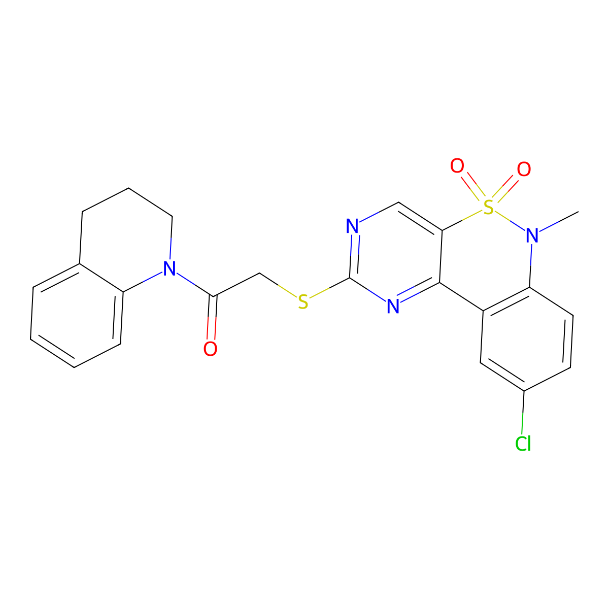 2-((9-chloro-6-methyl-5,5-dioxido-6H-benzo[c]pyrimido[4,5-e][1,2]thiazin-2-yl)thio)-1-(3,4-dihydroquinolin-1(2H)-yl)ethanone molecular structure, CAS 1111409-16-5