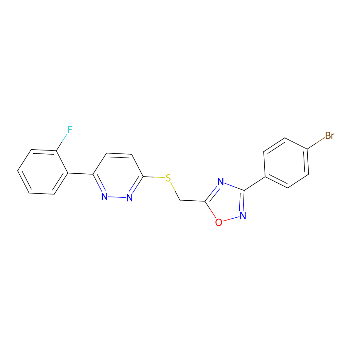 3-(4-Bromophenyl)-5-(((6-(2-fluorophenyl)pyridazin-3-yl)thio)methyl)-1,2,4-oxadiazole molecular structure, CAS 1111416-50-2