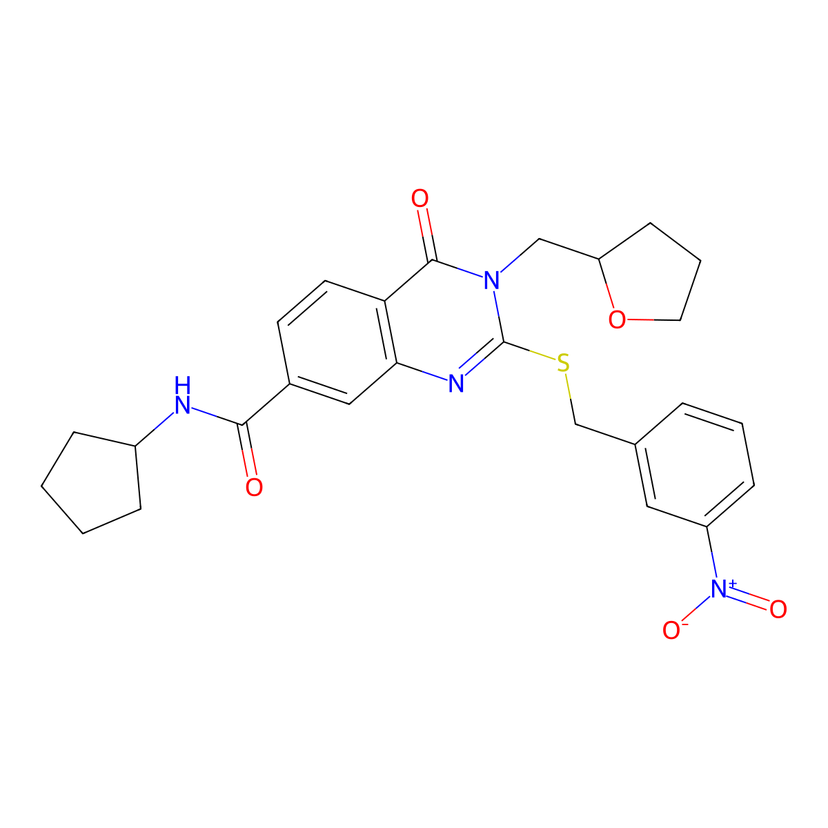 N-cyclopentyl-2-((3-nitrobenzyl)thio)-4-oxo-3-((tetrahydrofuran-2-yl)methyl)-3,4-dihydroquinazoline-7-carboxamide molecular structure, CAS 1111418-05-3