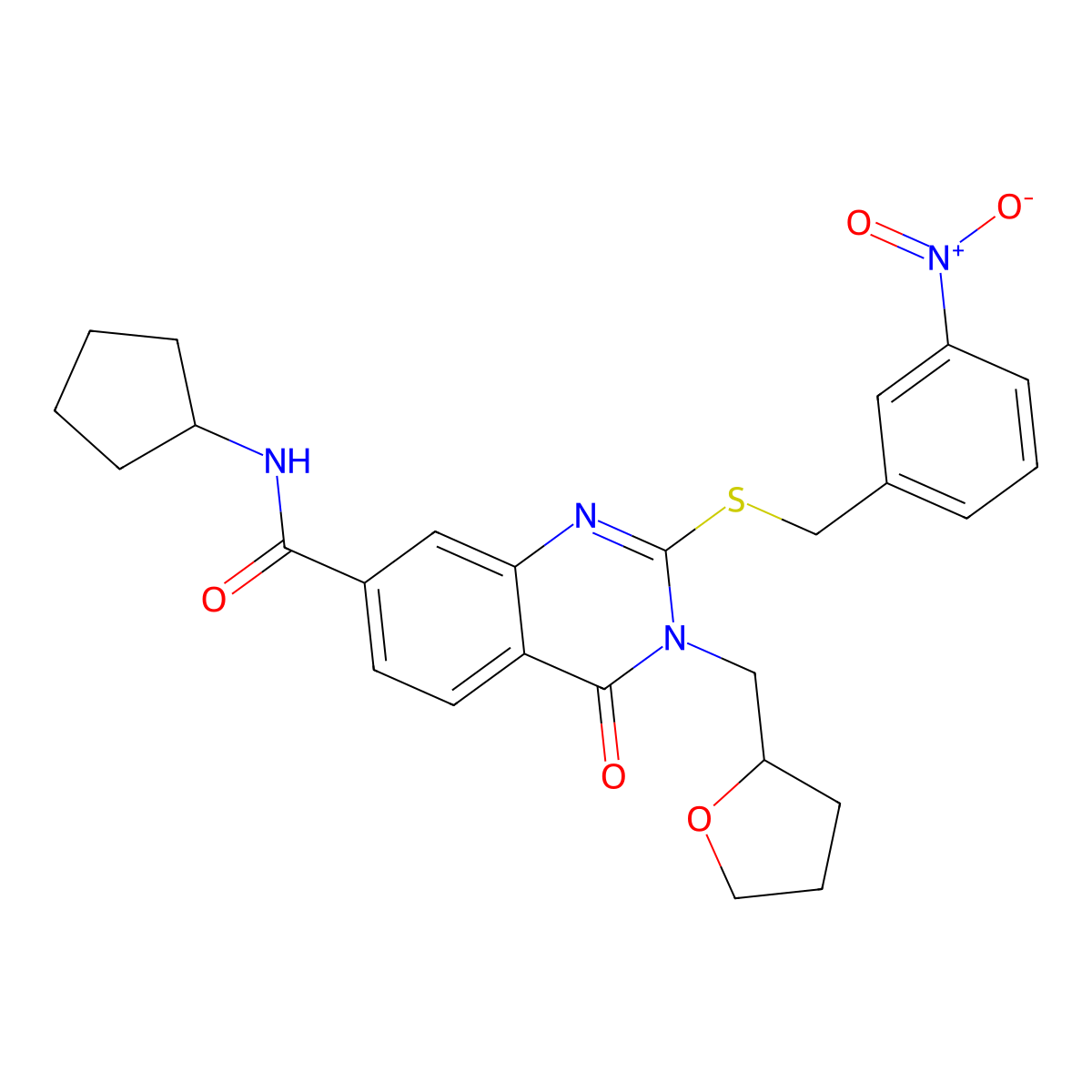 N-cyclopentyl-2-((3-nitrobenzyl)thio)-4-oxo-3-((tetrahydrofuran-2-yl)methyl)-3,4-dihydroquinazoline-7-carboxamide molecular structure, CAS 1111418-05-3