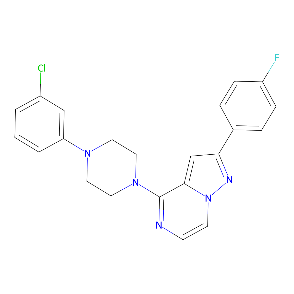 4-[4-(3-Chlorophenyl)piperazin-1-yl]-2-(4-fluorophenyl)pyrazolo[1,5-a]pyrazine molecular structure, CAS 1111418-14-4