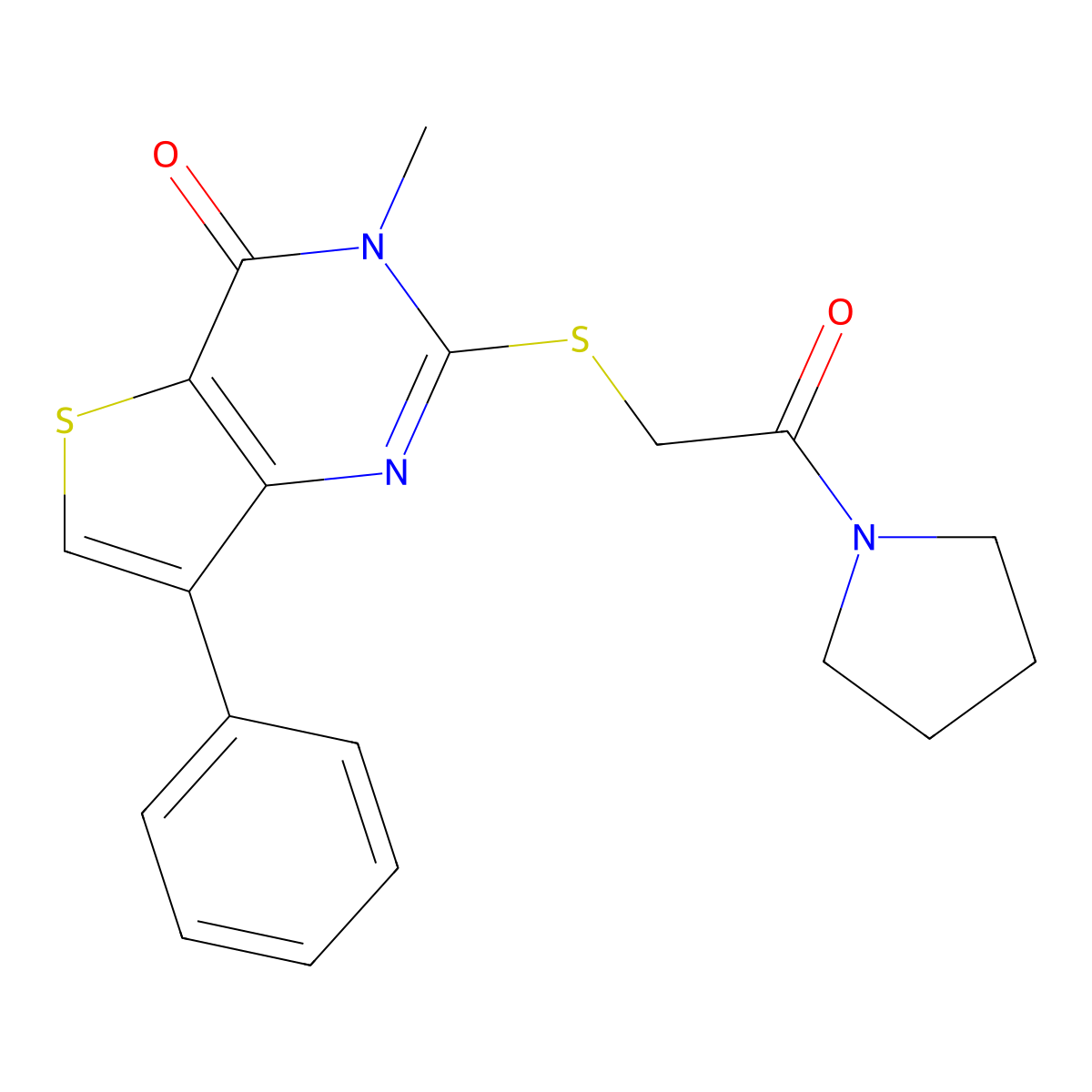 3-methyl-2-((2-oxo-2-(pyrrolidin-1-yl)ethyl)thio)-7-phenylthieno[3,2-d]pyrimidin-4(3H)-one molecular structure, CAS 1111418-20-2