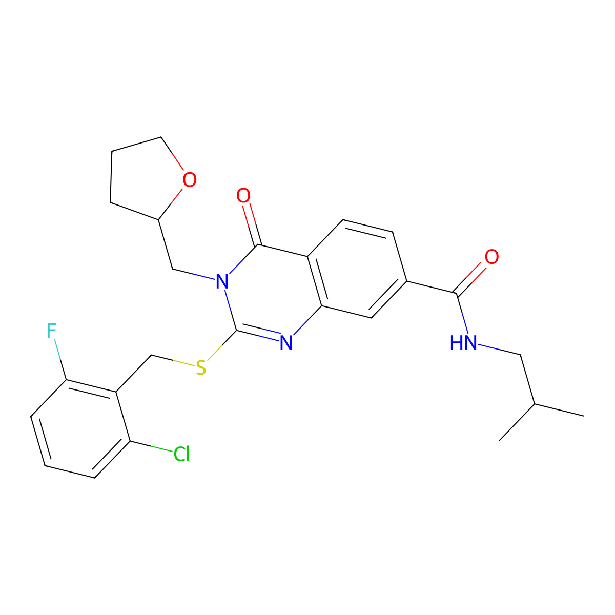 2-((2-chloro-6-fluorobenzyl)thio)-N-isobutyl-4-oxo-3-((tetrahydrofuran-2-yl)methyl)-3,4-dihydroquinazoline-7-carboxamide molecular structure, CAS 1111418-35-9