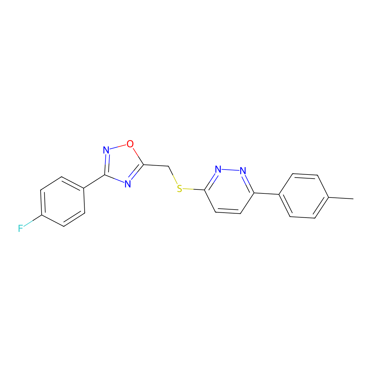 3-(4-Fluorophenyl)-5-(((6-(p-tolyl)pyridazin-3-yl)thio)methyl)-1,2,4-oxadiazole molecular structure, CAS 1111419-26-1
