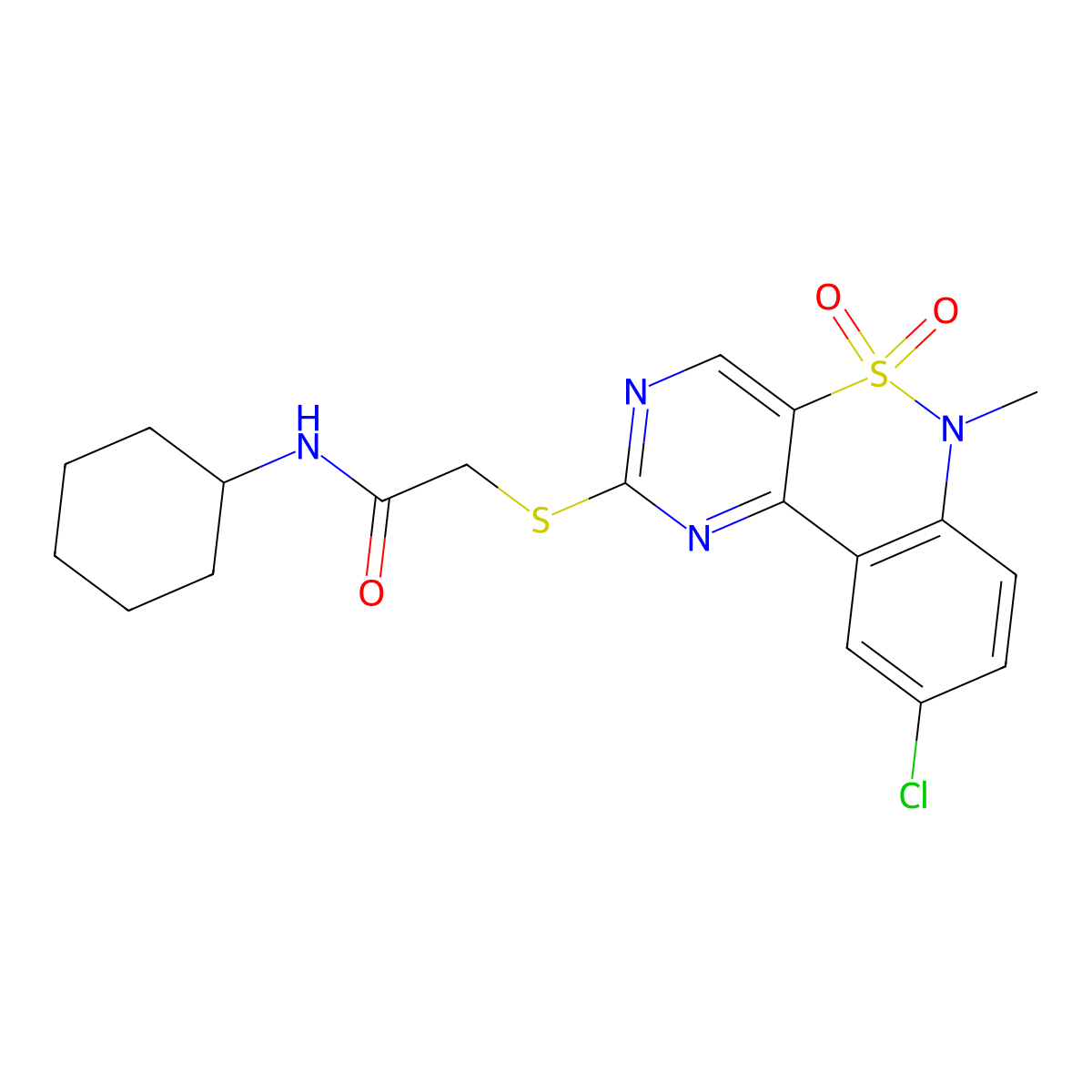 2-((9-chloro-6-methyl-5,5-dioxido-6H-benzo[c]pyrimido[4,5-e][1,2]thiazin-2-yl)thio)-N-cyclohexylacetamide molecular structure, CAS 1111433-97-6