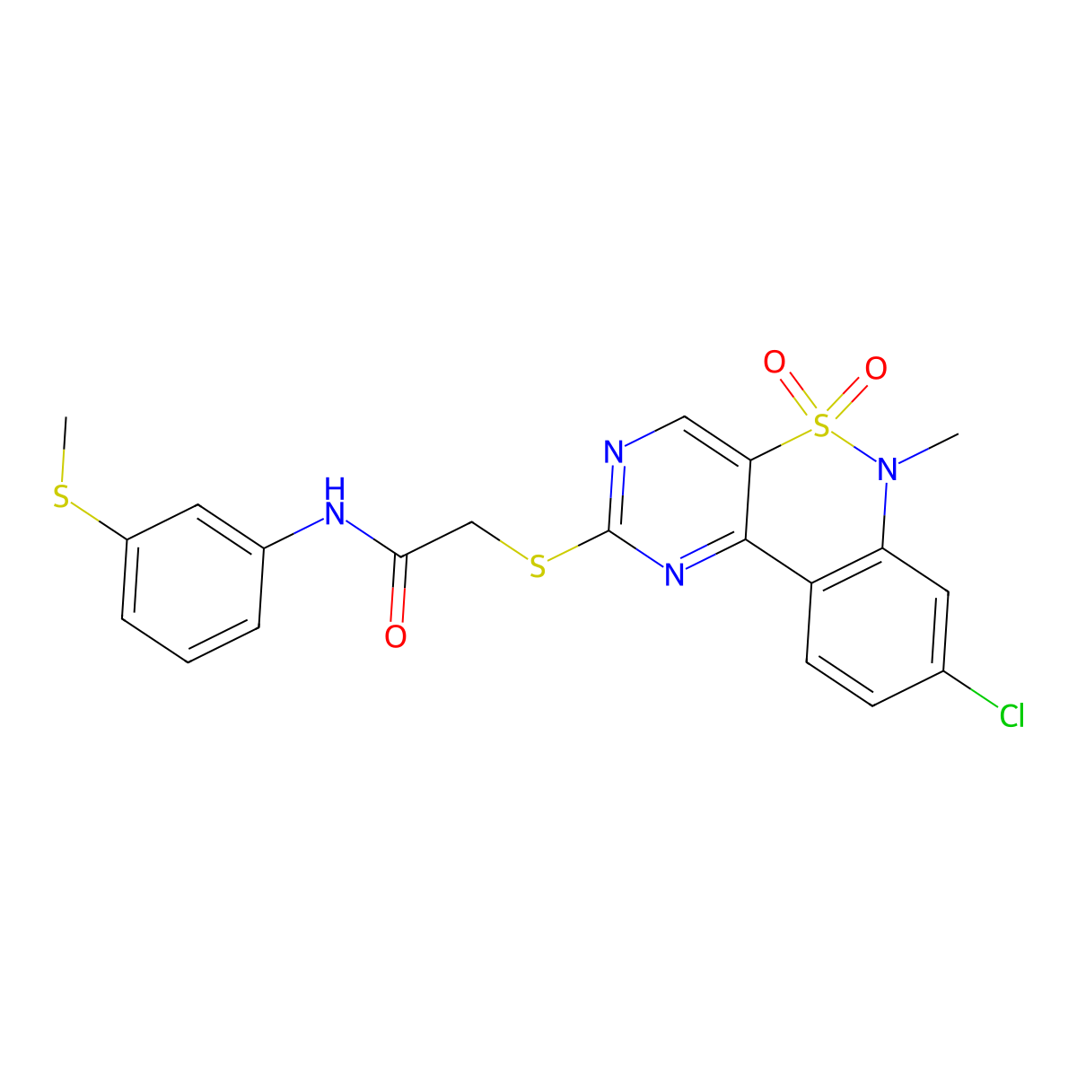 2-({12-chloro-9-methyl-8,8-dioxo-8lambda6-thia-3,5,9-triazatricyclo[8.4.0.0^{2,7}]tetradeca-1(14),2(7),3,5,10,12-hexaen-4-yl}sulfanyl)-N-[3-(methylsulfanyl)phenyl]acetamide molecular structure, CAS 1111434-23-1
