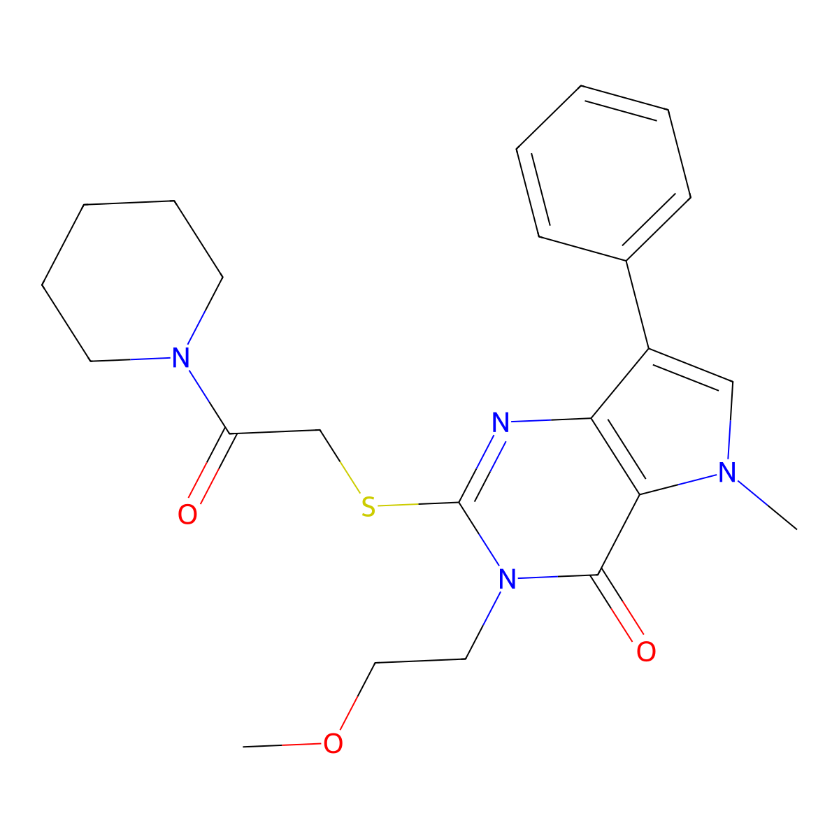 3-(2-methoxyethyl)-5-methyl-2-((2-oxo-2-(piperidin-1-yl)ethyl)thio)-7-phenyl-3H-pyrrolo[3,2-d]pyrimidin-4(5H)-one molecular structure, CAS 1111961-25-1