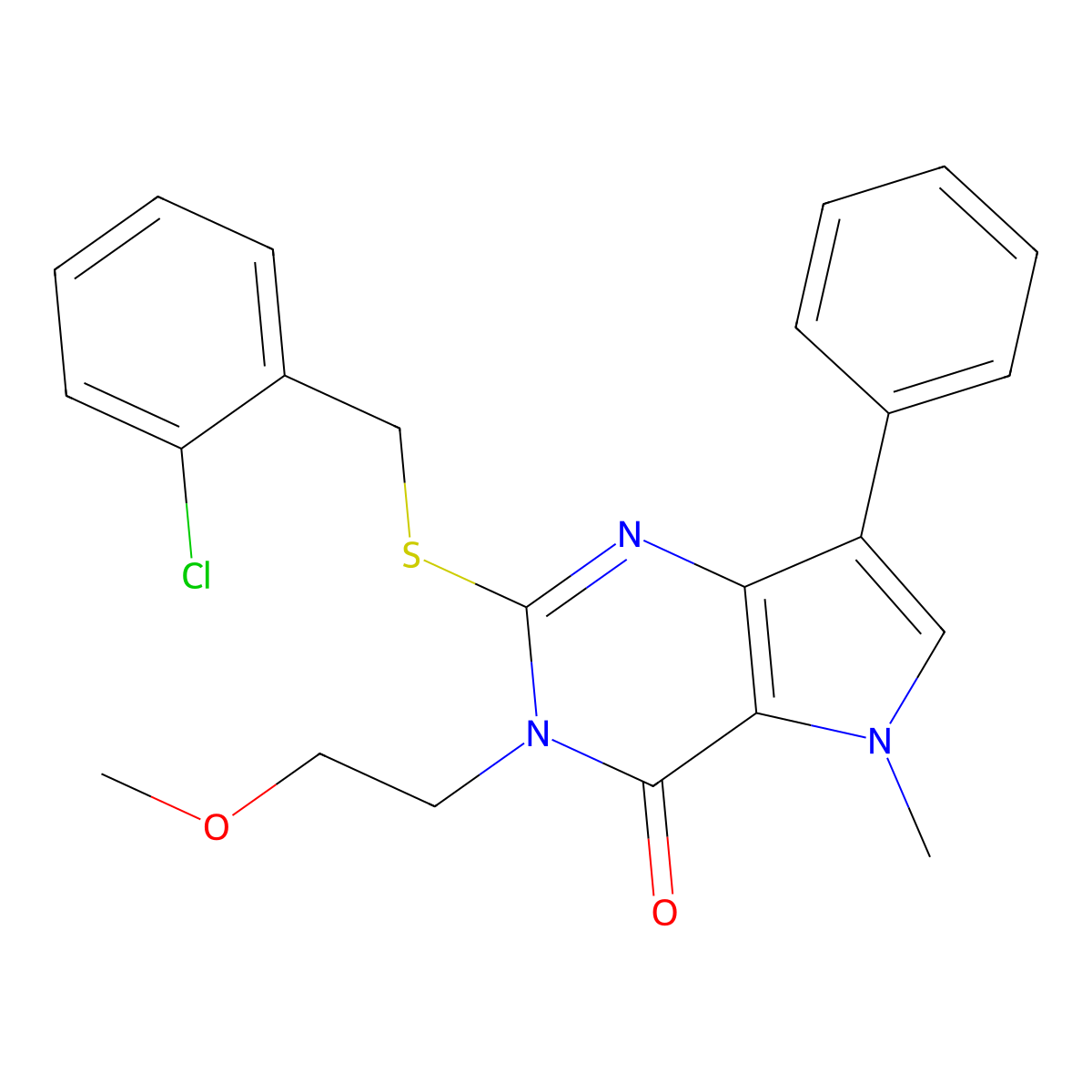 2-((2-chlorobenzyl)thio)-3-(2-methoxyethyl)-5-methyl-7-phenyl-3H-pyrrolo[3,2-d]pyrimidin-4(5H)-one molecular structure, CAS 1111961-65-9