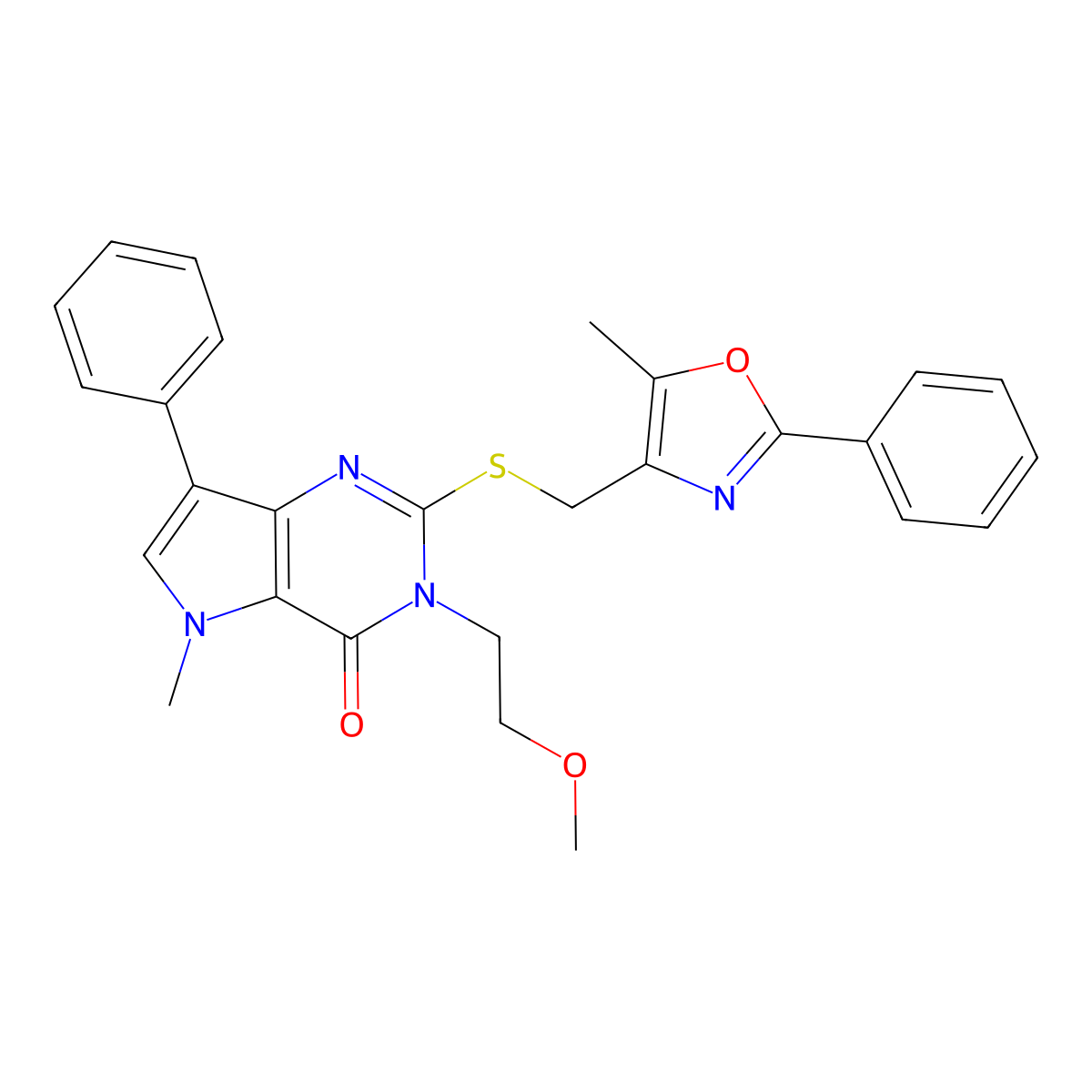 3-(2-methoxyethyl)-5-methyl-2-(((5-methyl-2-phenyloxazol-4-yl)methyl)thio)-7-phenyl-3H-pyrrolo[3,2-d]pyrimidin-4(5H)-one molecular structure, CAS 1111961-87-5