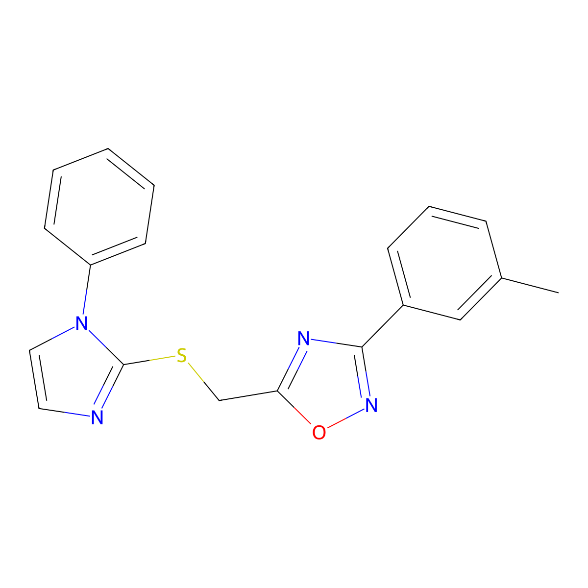 5-(((1-phenyl-1H-imidazol-2-yl)thio)methyl)-3-(m-tolyl)-1,2,4-oxadiazole molecular structure, CAS 1111965-90-2