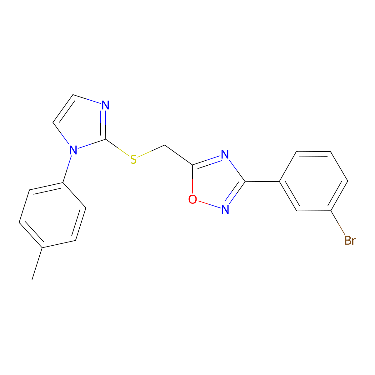 3-(3-bromophenyl)-5-(((1-(p-tolyl)-1H-imidazol-2-yl)thio)methyl)-1,2,4-oxadiazole molecular structure, CAS 1111965-96-8