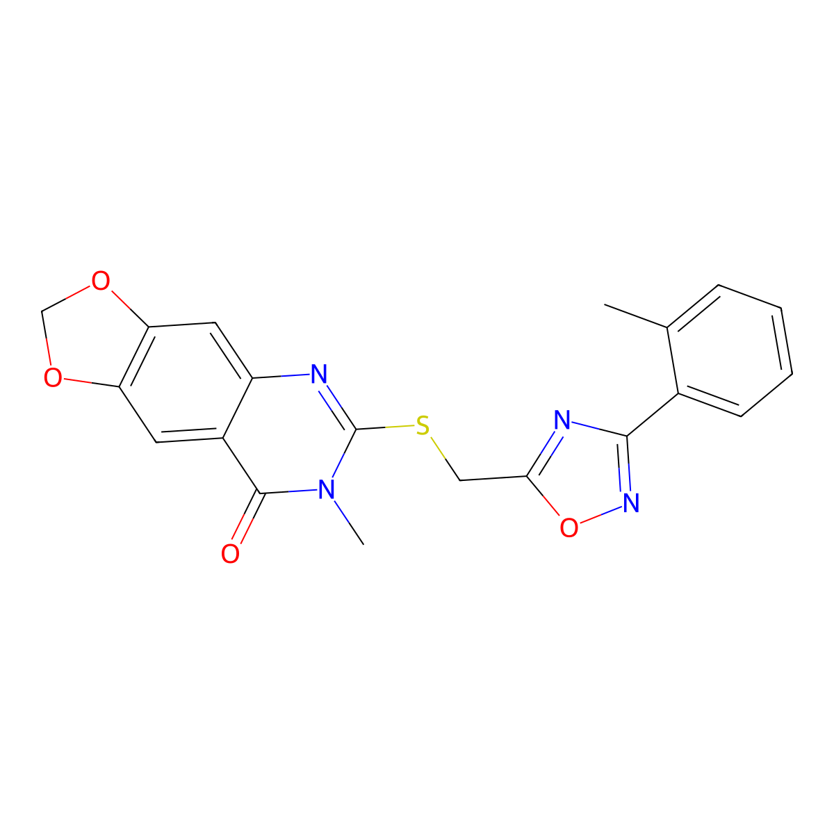 7-methyl-6-({[3-(2-methylphenyl)-1,2,4-oxadiazol-5-yl]methyl}sulfanyl)-2H,7H,8H-[1,3]dioxolo[4,5-g]quinazolin-8-one molecular structure, CAS 1111974-20-9