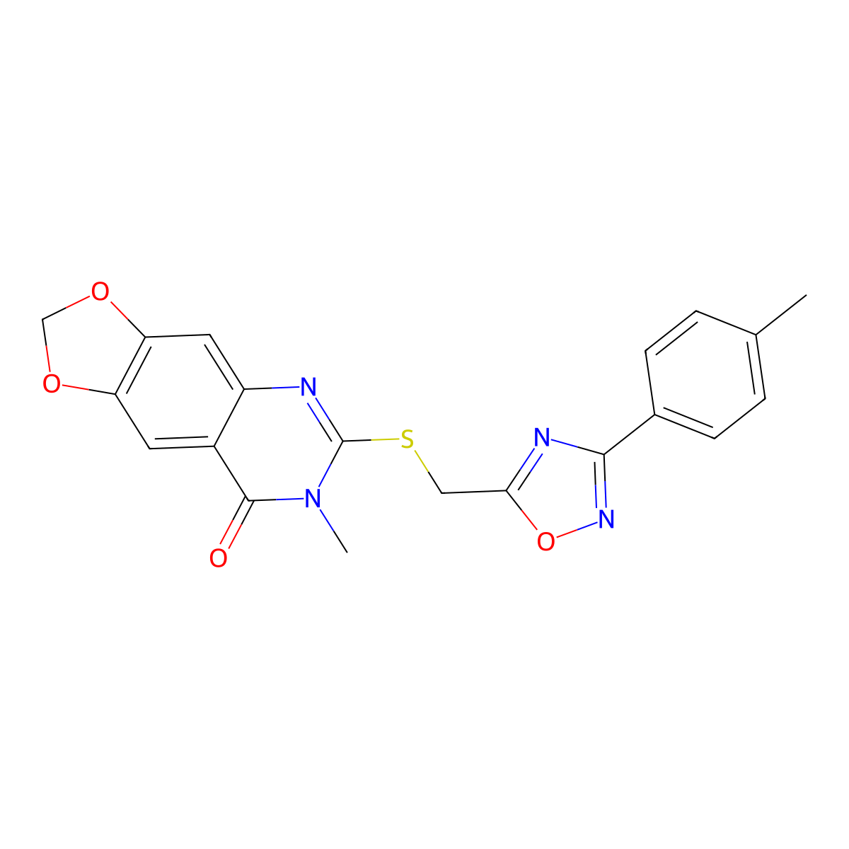 7-methyl-6-(((3-(p-tolyl)-1,2,4-oxadiazol-5-yl)methyl)thio)-[1,3]dioxolo[4,5-g]quinazolin-8(7H)-one molecular structure, CAS 1111974-26-5