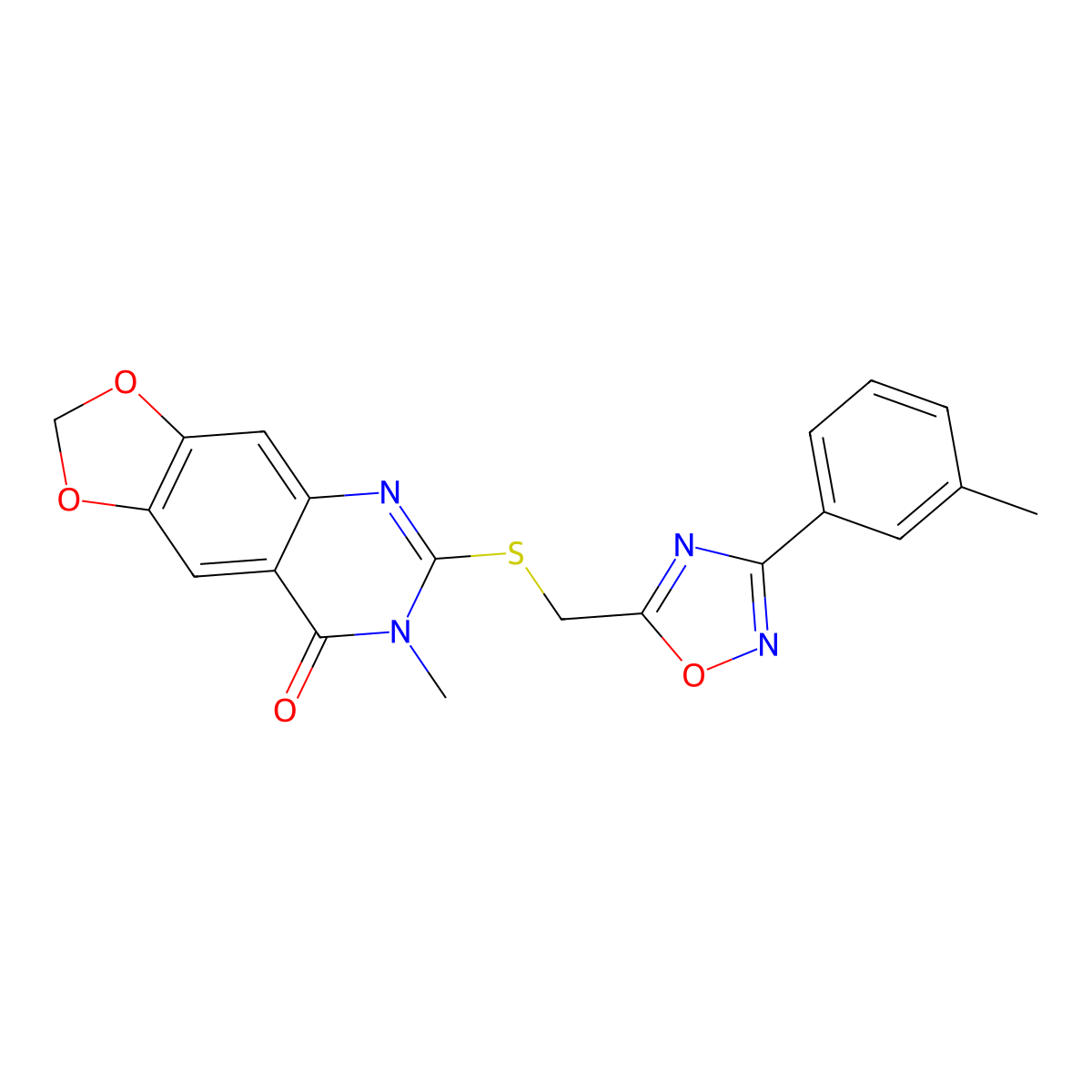 7-methyl-6-(((3-(m-tolyl)-1,2,4-oxadiazol-5-yl)methyl)thio)-[1,3]dioxolo[4,5-g]quinazolin-8(7H)-one molecular structure, CAS 1111974-32-3